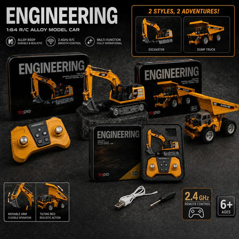 RC Alloy Construction Vehicle Set – Excavator & Dump Truck (1:64 Scale)