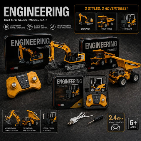 RC Alloy Construction Vehicle Set – Excavator, Dump Truck & Forklift (1:64 Scale)
